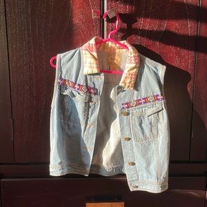 Denim vest with floral and beading detail